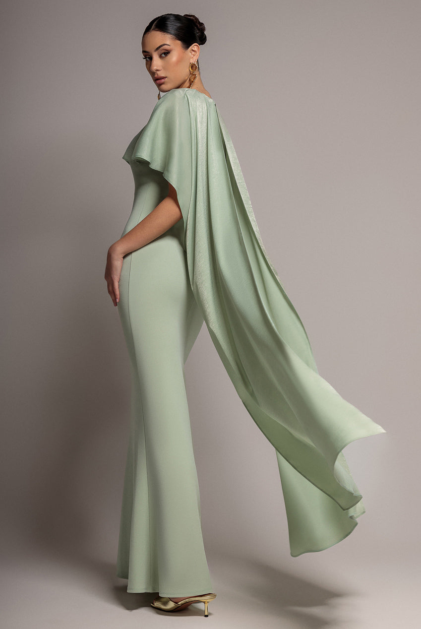 Goddiva Scoop Neck Soft Satin Cape Sleeve Maxi Dress - Sage Green by Goddiva