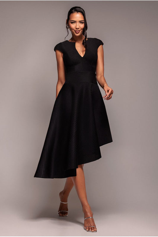 Goddiva Cap Sleeve Textured Skater Asymmetric Midi Dress - Black