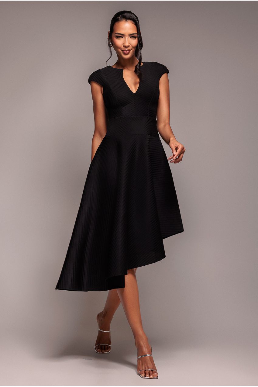 Goddiva Cap Sleeve Textured Skater Asymmetric Midi Dress - Black