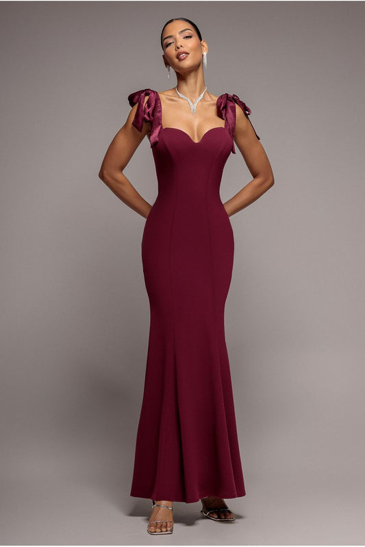 Goddiva Multiway Bow Soft Satin Sweetheart Maxi Dress - Burgundy