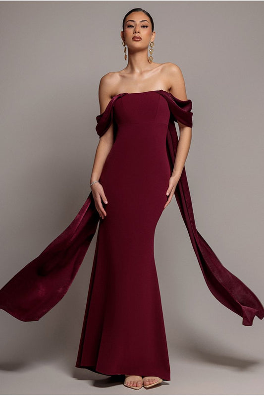 Goddiva Off Shoulder Soft Satin Wing Cape Maxi Dress - Burgundy