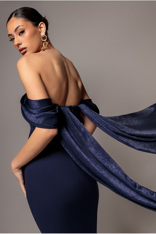 Goddiva Off Shoulder Soft Satin Wing Cape Maxi Dress - Navy Blue