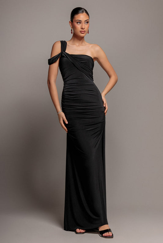 Goddiva One Shoulder Asymmetric Twist Maxi Dress - Black