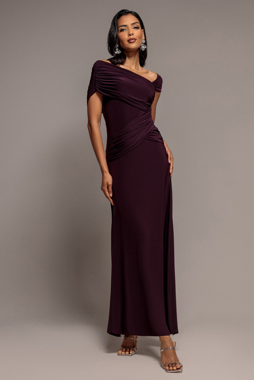 Asymmetric Neck Gathered Waist Maxi Dress - Burgundy by Goddiva