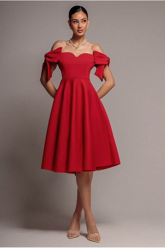 Goddiva Bardot Plunge Neck Bow Sleeve A Line Midi Dress - Red