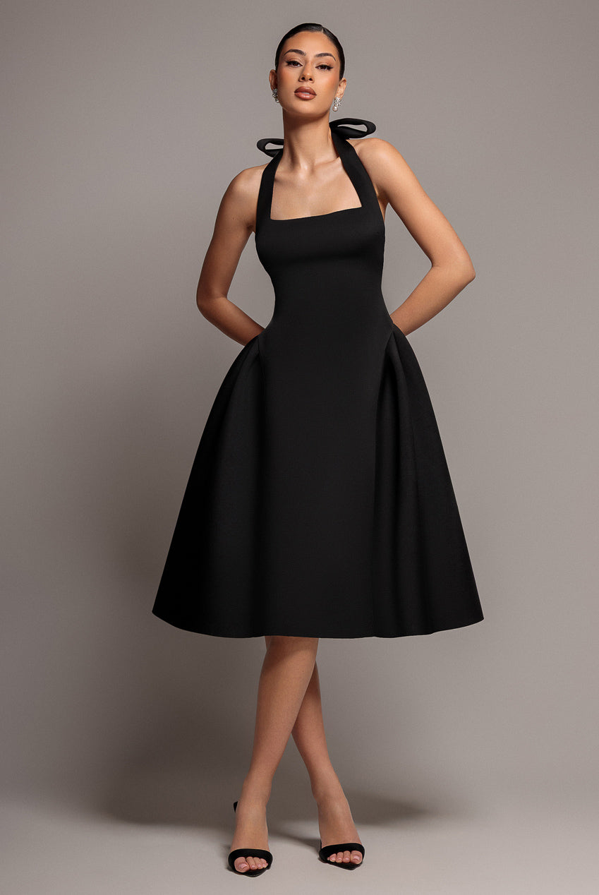 Corset Fit And Flare Halter Neck Midi Dress - Black by Goddiva