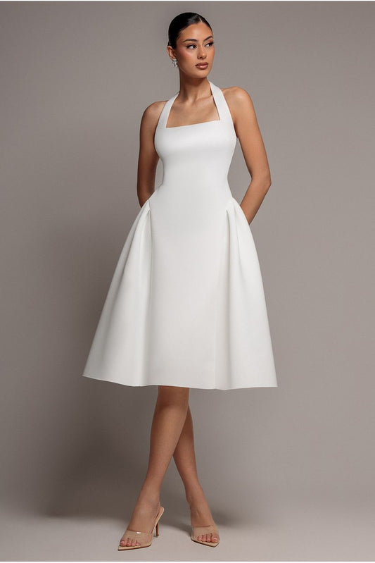 Goddiva Corset Fit And Flare Halter Neck Midi Dress - White