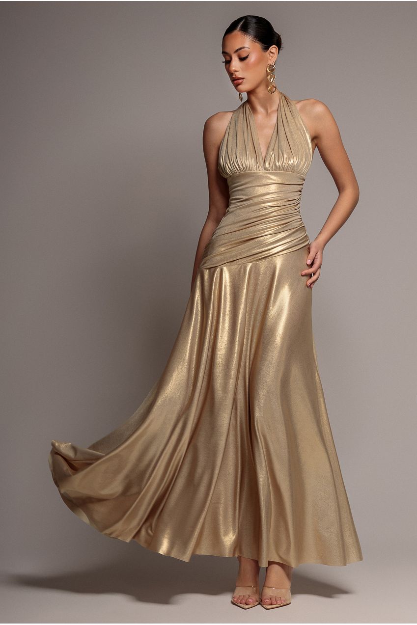 Goddiva Halterneck Empire Waist Gathered Sunrise Foil  Maxi Dress - Gold