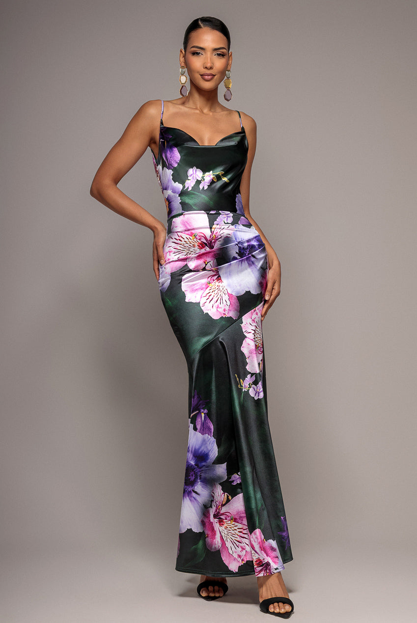 Floral Print Satin Cowl Neck Maxi Dress - Emerald Green by Goddiva