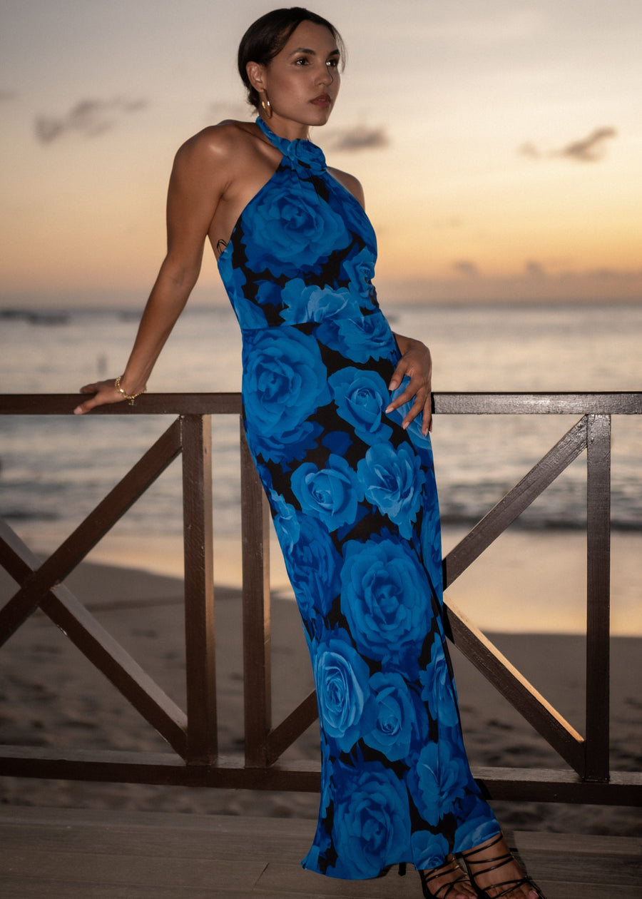 Blue Floral Occasion Halter Maxi Dress