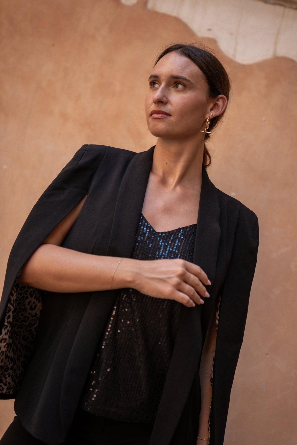 Black Tailored Cape with Leopard Print Lining