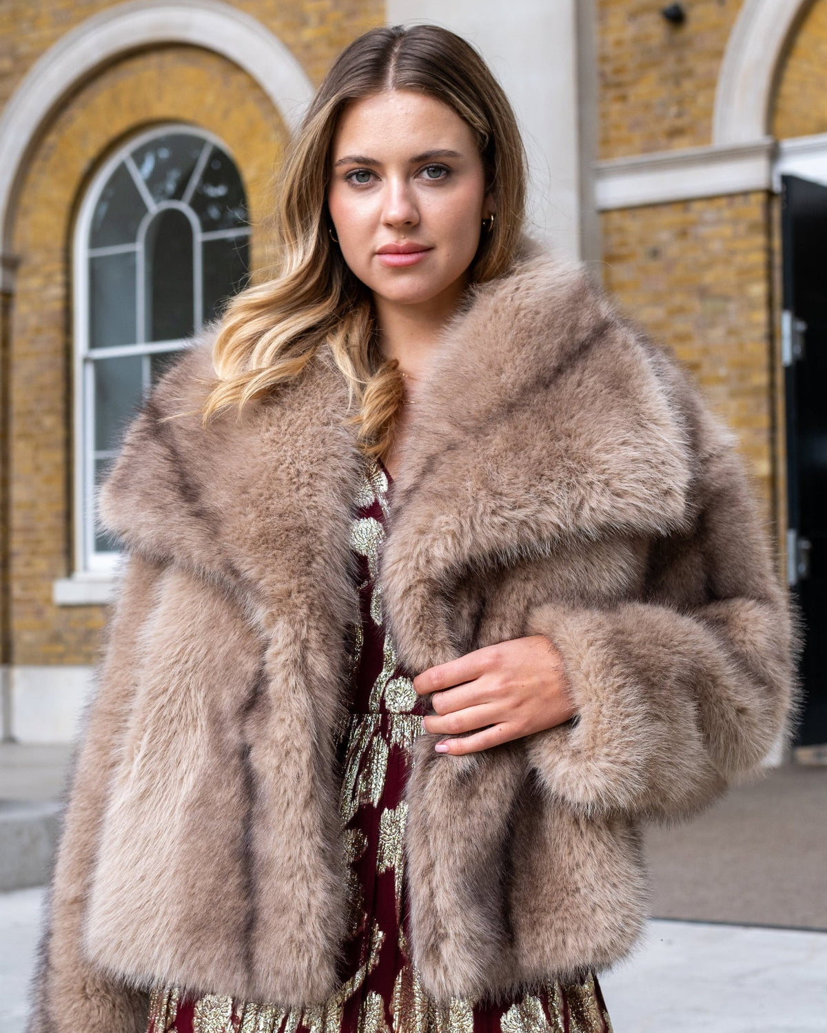 Camel Ombre Lapel Faux Fur Jacket