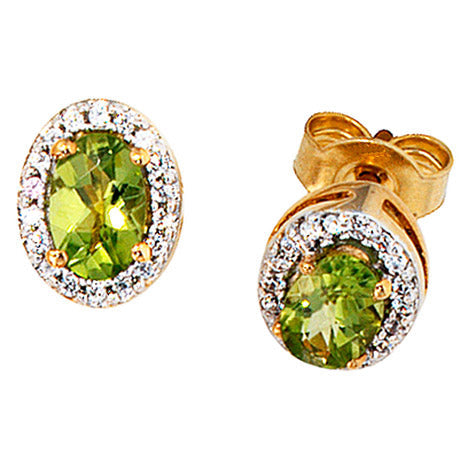 Ohrstecker oval 585 Gelbgold 1 Diamant Brillant 2 Peridote grün Ohrringe