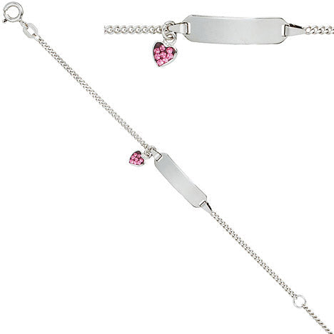 Schildband Herz 925 Sterling Silber mit rosa Glasstein 14 cm Gravur ID Armband