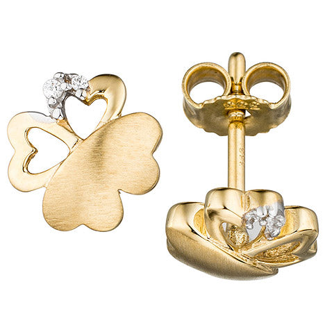 Ohrstecker Kleeblatt 333 Gold Gelbgold mattiert 4 Zirkonia Ohrringe