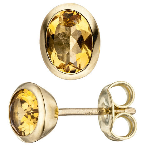 Ohrstecker oval 585 Gold Gelbgold 2 Citrine gelb Ohrringe Goldohrringe