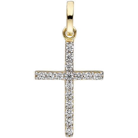 Anhänger Kreuz schmal 375 Gold Gelbgold 16 Zirkonia Kreuzanhänger Goldkreuz