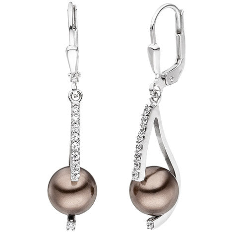 Ohrhänger 925 Sterling Silber 2 Perlen braun 18 Zirkonia Ohrringe Perlenohrringe