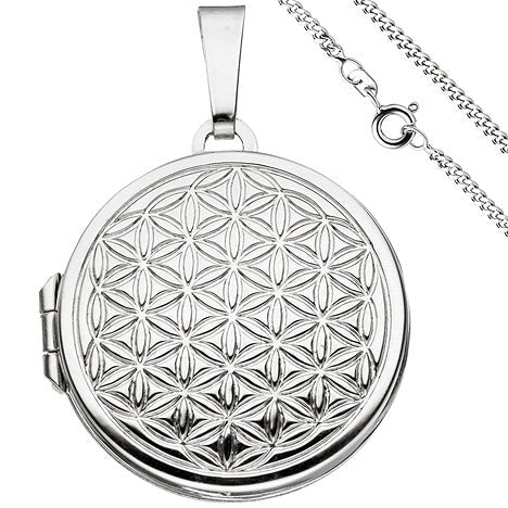 Medaillon Blume des Lebens rund Anhänger zum Öffnen 925 Silber mit Kette 60 cm
