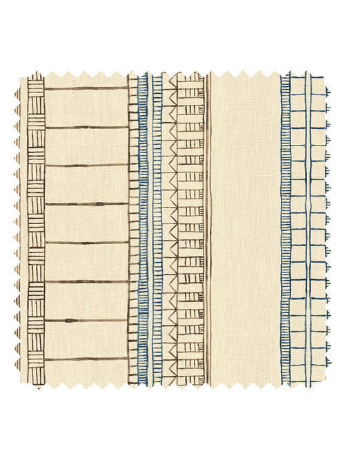 'Doodle Stripe' Tea Stained Linen Fabric by Nathan Turner - Brown Dark Blue - LINEN / YARD