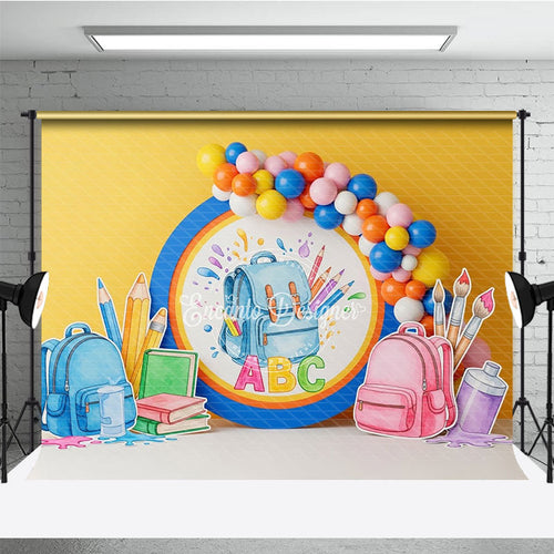 Aperturee Back To School Backdrop Blue Backpack ABC Letters Pencils Paint Balloons Photography Background