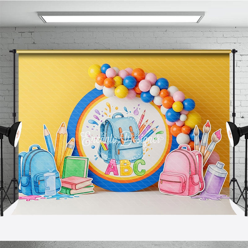 Aperturee Back To School Backdrop Blue Backpack ABC Letters Pencils Paint Balloons Photography Background