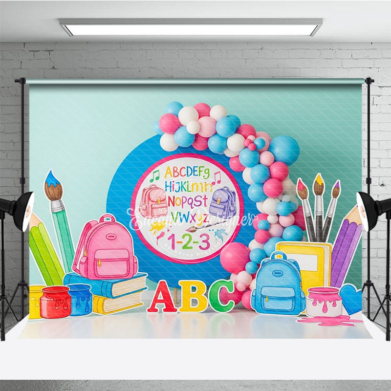 Aperturee ABC 123 Back To School Backdrop Blue Circle Backpacks Paintbrushes Photography Background