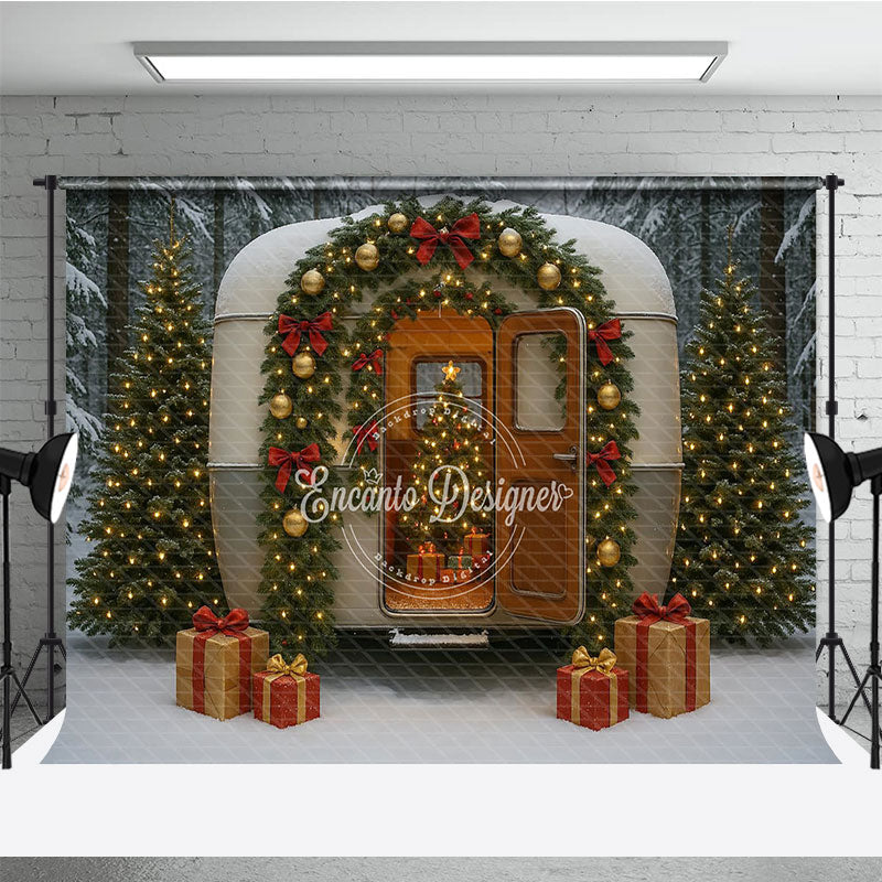 Aperturee Christmas Vintage Camper Photography Backdrop, Retro Trailer in a Snowy Forest, Holiday Mini Session Background, 3x2ft (WxH)