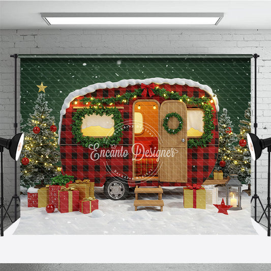 Aperturee Christmas Camper Photography Backdrop, Red Buffalo Plaid Vintage Trailer, Snowy Holiday Mini Session Background, 3x2ft (WxH)