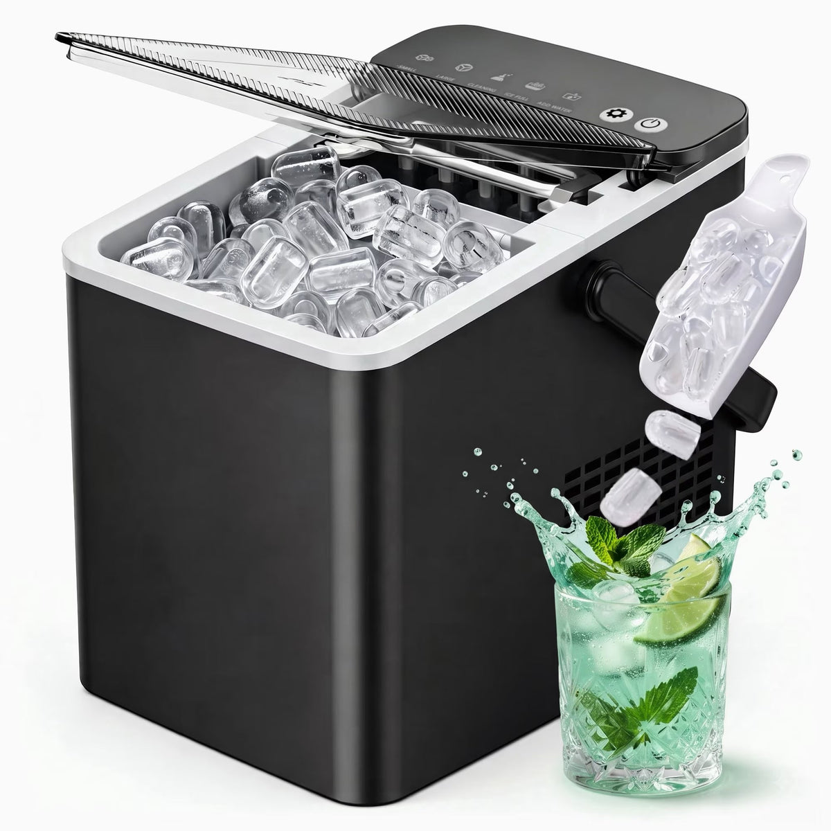 EUHOMY Countertop Ice Maker with Handle, 26 lbs/Day Portable Ice Machine, 9 Bullet Cubes in 6 Minutes, 2 Ice Sizes, Self-Cleaning, 1.1L Water - Black