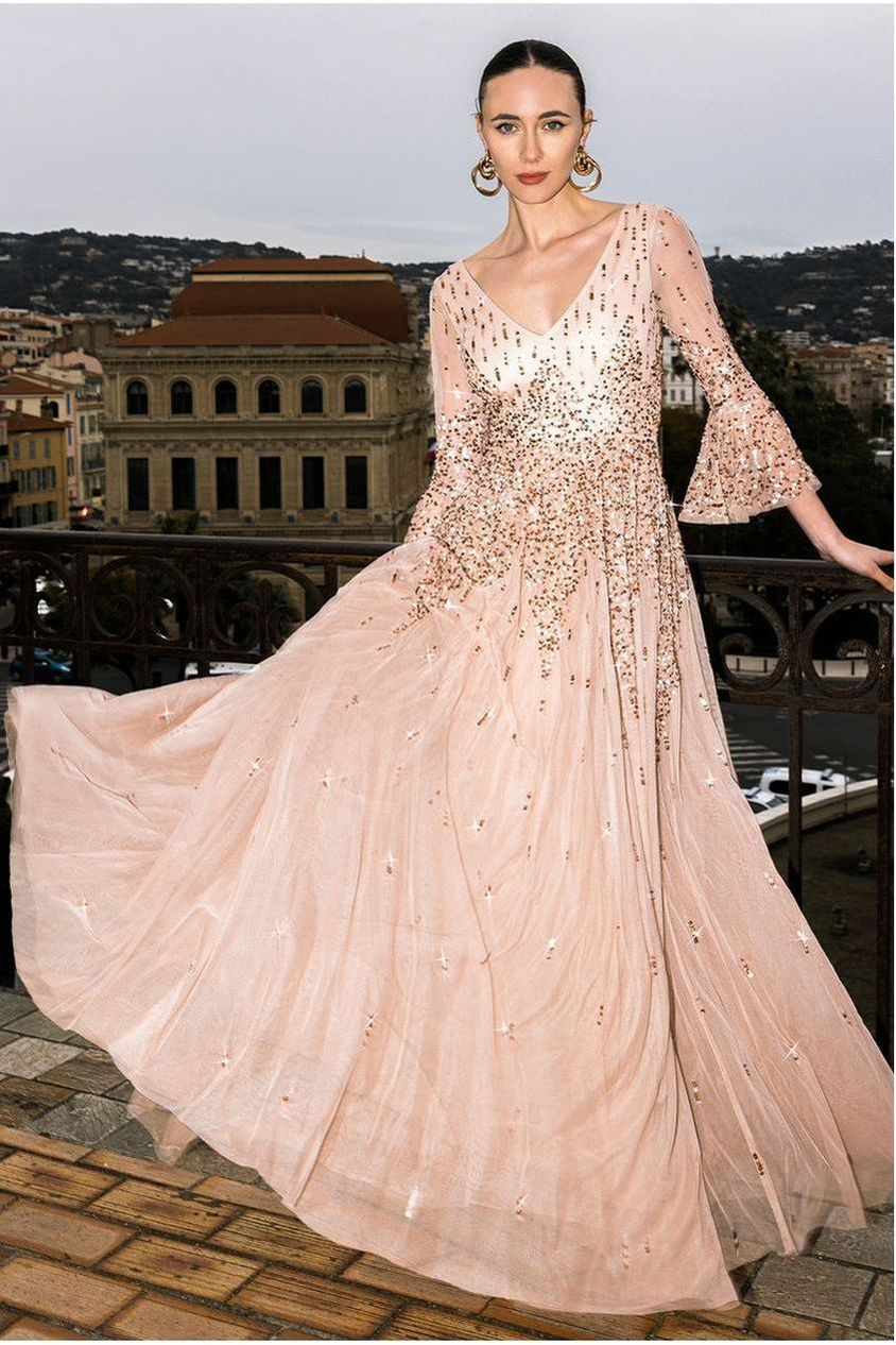 Sunray Hand Embellished Sequin A-Line Bell Sleeve Maxi Dress - Champagne by Goddiva