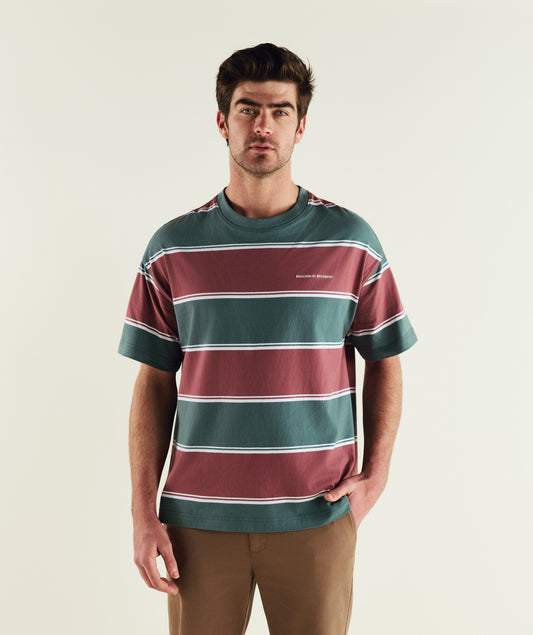 Mens Relaxed Stripe Tee - Burgundy & Green