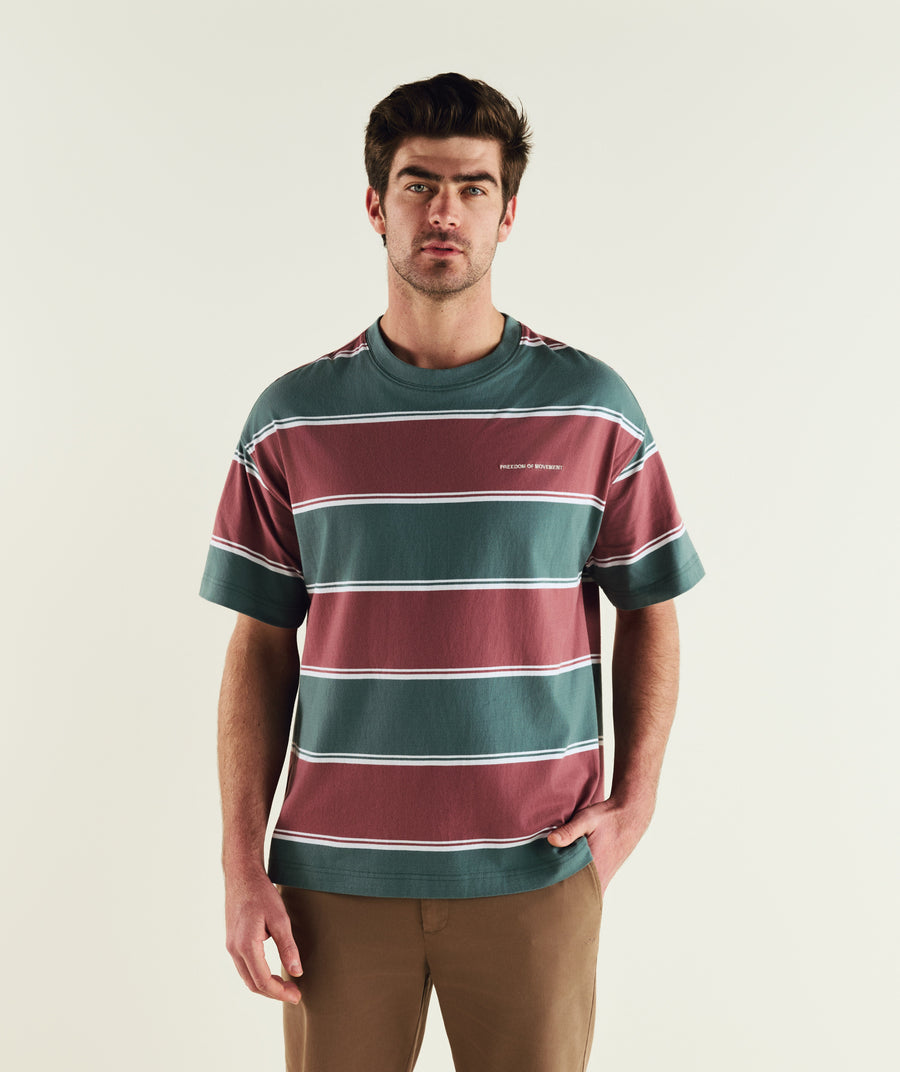 Mens Relaxed Stripe Tee - Burgundy & Green