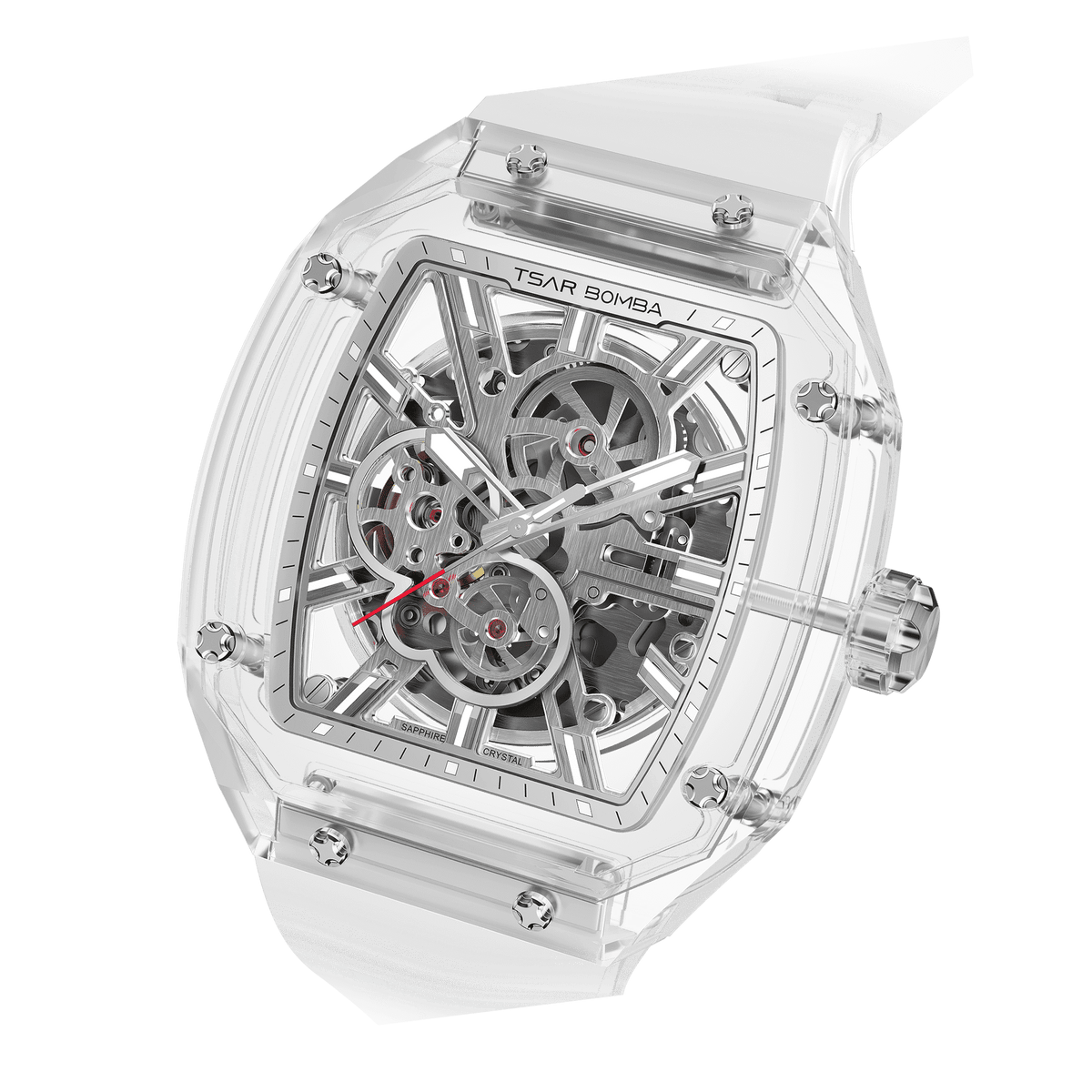 TSAR BOMBA Light Matter Series White Automatic Mechanical Watch | Sapphire Case & Bezel, Skeleton Dial, Fluoroelastomer Strap, Sapphire Crystal, 30M W