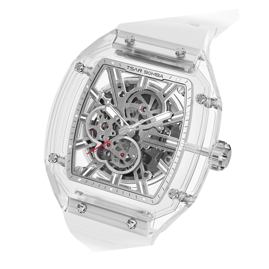 TSAR BOMBA Light Matter Series White Automatic Mechanical Watch | Sapphire Case & Bezel, Skeleton Dial, Fluoroelastomer Strap, Sapphire Crystal, 30M W