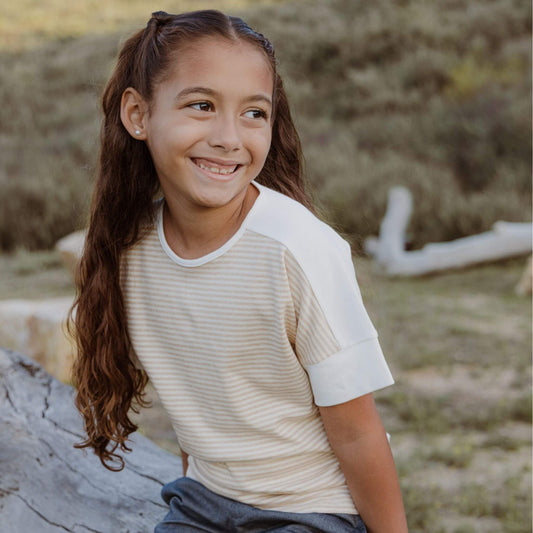 Dropped Shoulder Striped Tee | Color: Natural Beige Stripes | Size: 10-11