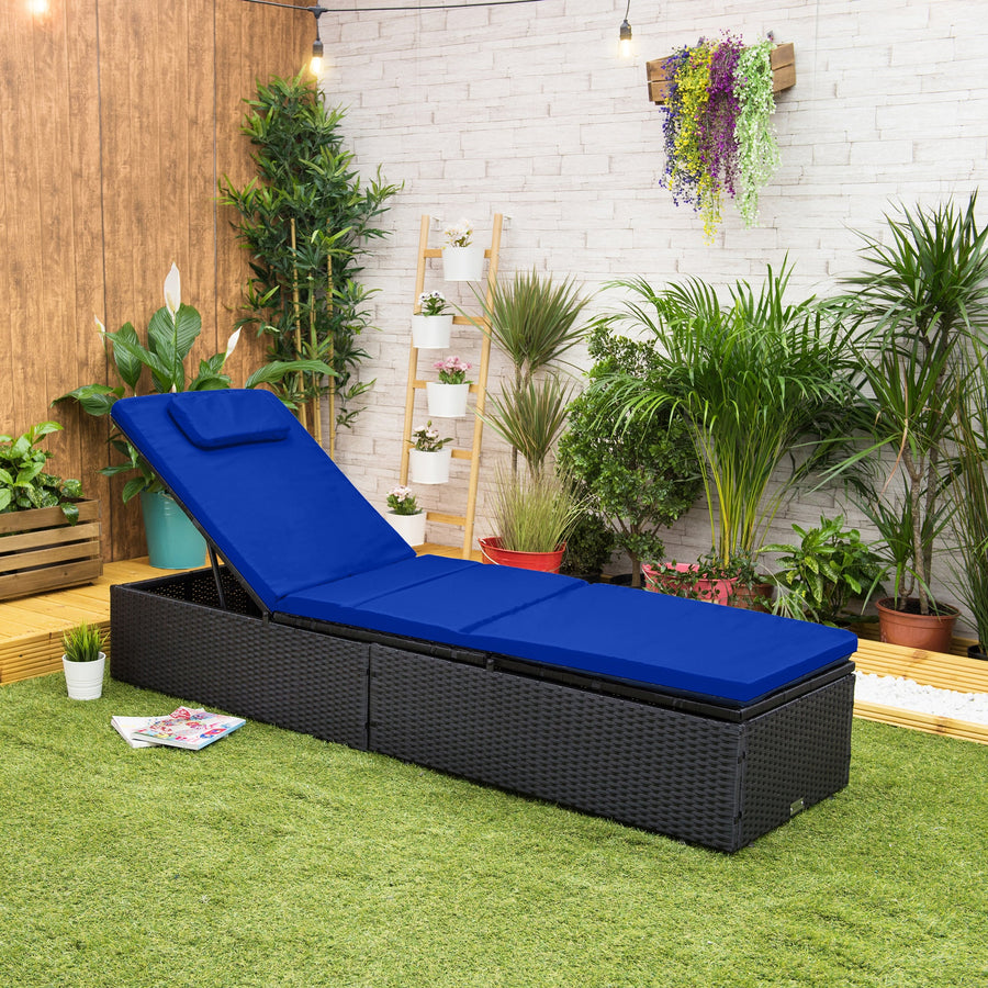 Outdoor Sun Lounger Cushions Water-Resistant Sunbed Seat Pad With Headrest - Blue