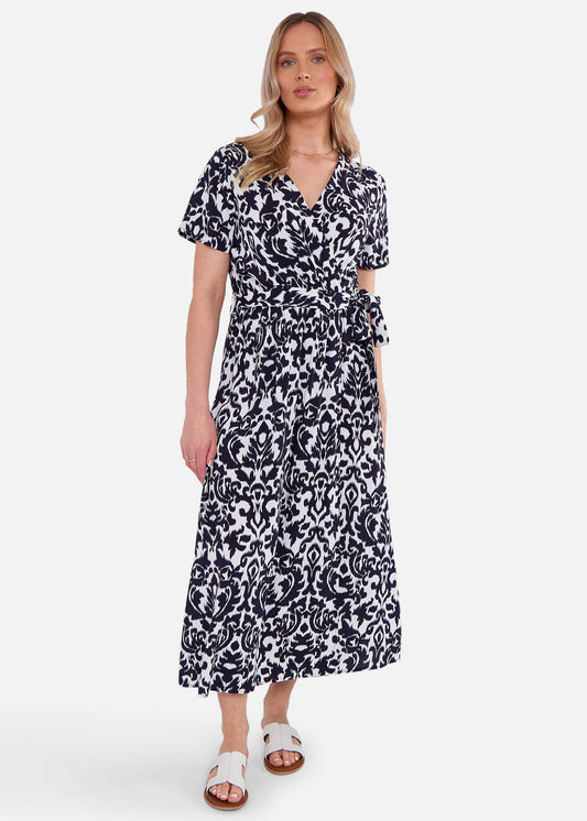 Navy Short Sleeves Viscose Wrap Midi Dress