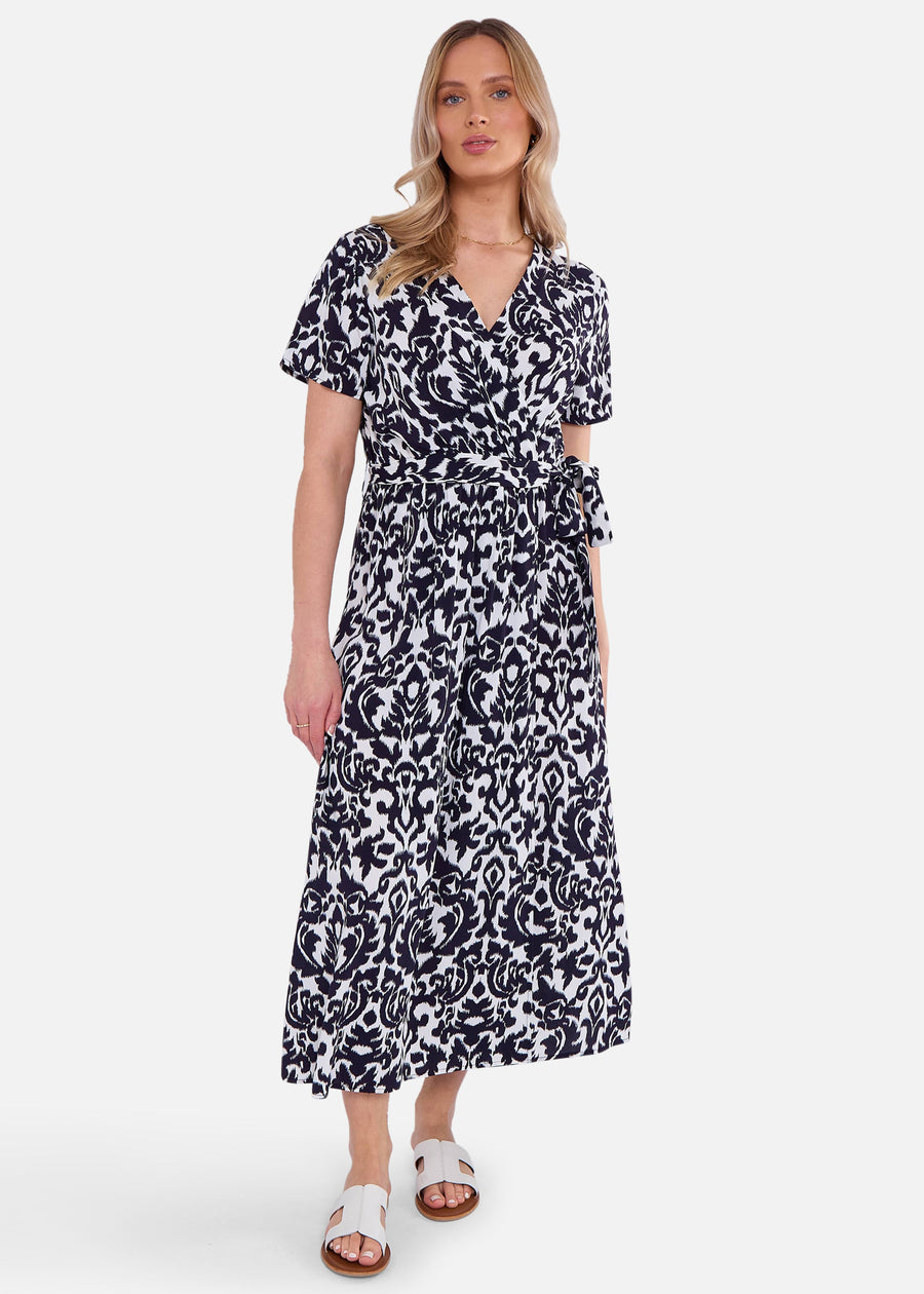 Navy Short Sleeves Viscose Wrap Midi Dress