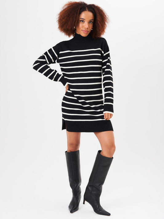 Black High Neck Stripe Oversized Tunic Dress - S-M (UK 8-10/US 4-6/EU 36-38)