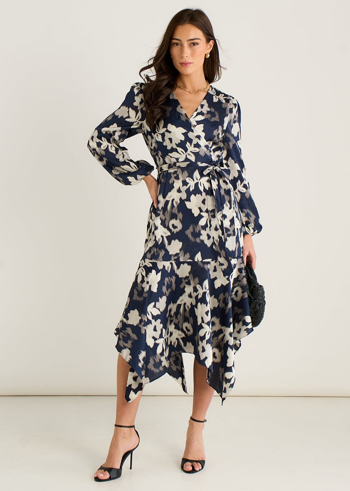 Navy Asymmetric Hem Wrap Midi Dress