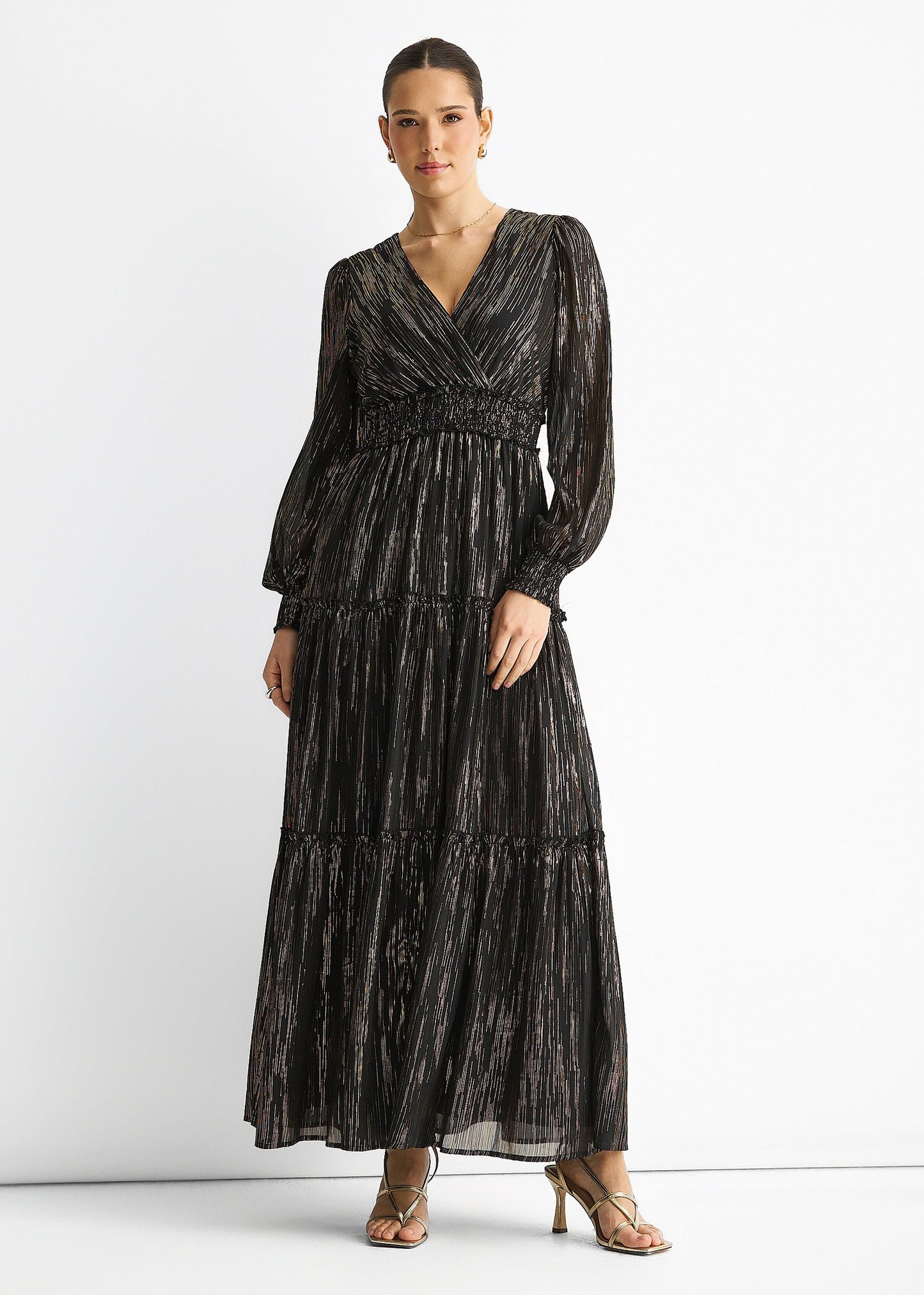 Black Sparkle Chiffon Occassion Tiered Maxi Dress