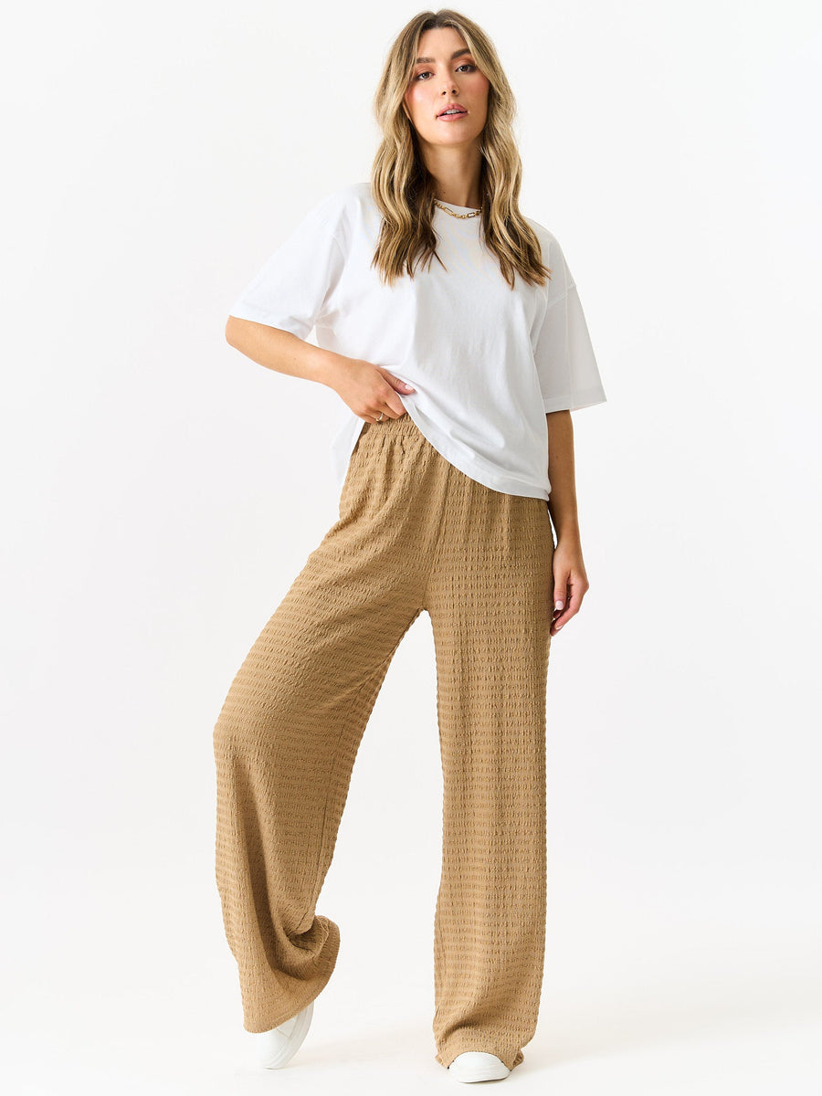 Camel Textured Elastic Waist Pull On Trousers