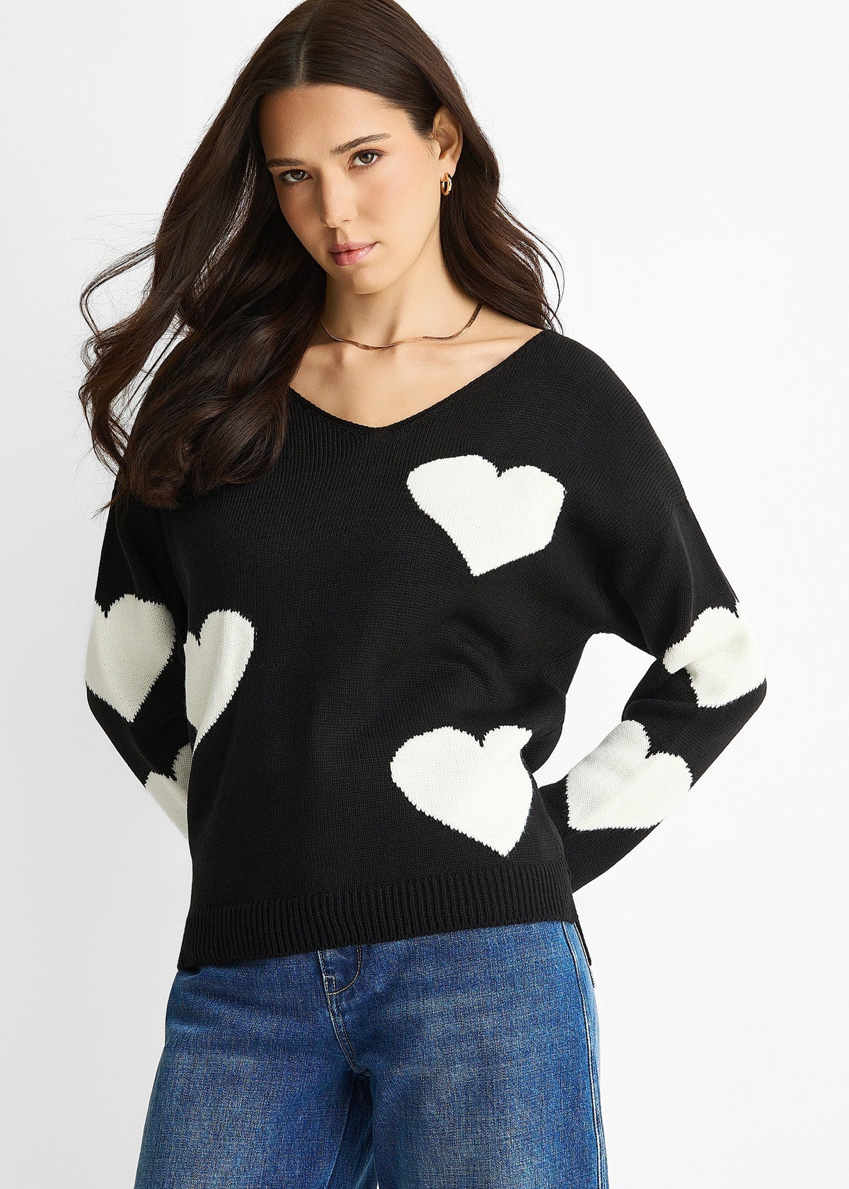 Black V Neck Oversized Heart Knit Jumper