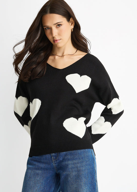 Black V Neck Oversized Heart Knit Jumper