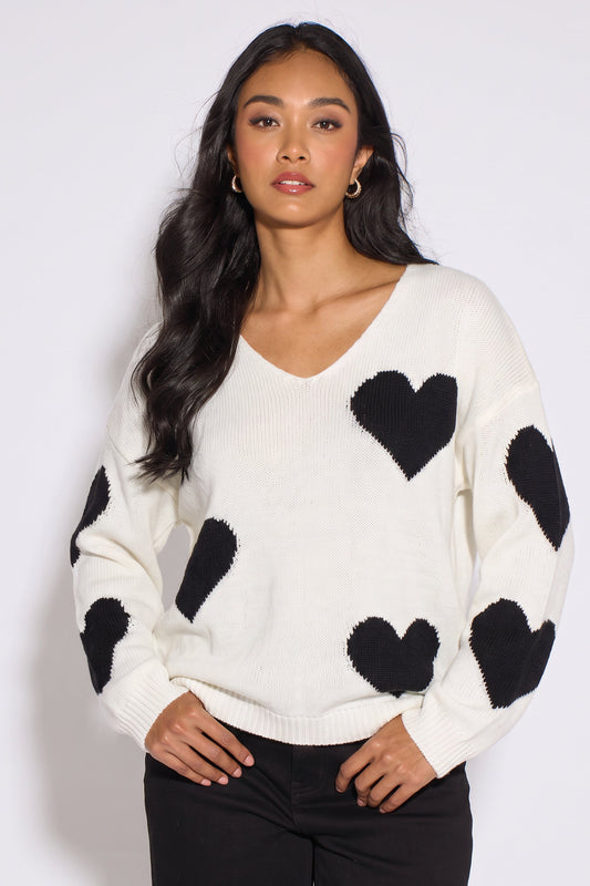 White V Neck Heart Knit Jumper