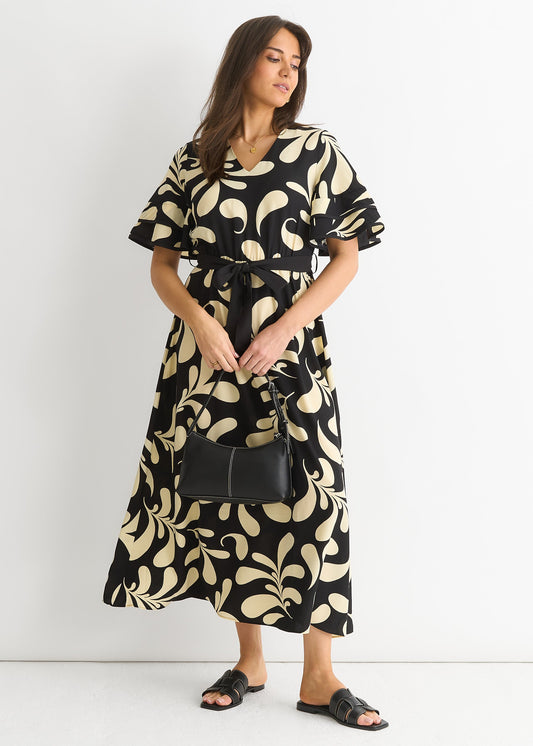 Floral V Neck Elasticated Waist Midi Dress