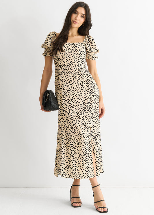 Beige Animal Printed Split Viscose Midi Dress - UK 8 / US 4 / EU 36