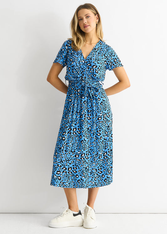 Blue Short Sleeve Animal Print Wrap Front Midi Dress - S-M (UK 8-10/US 4-6/EU 36-38)