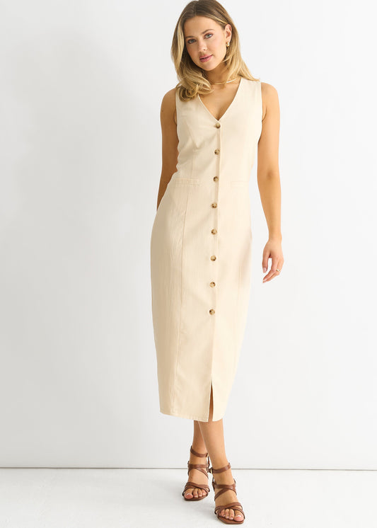 Stone Button Through Waist Coat Midi Dress - Stone / UK 8 / US 4 / EU 36 / 95%Cotton & 5%Elastane